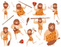 Funny stone age prehistoric man in different situations set, primitive cavemen cartoon character vector Illustration Royalty Free Stock Photo