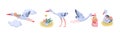 Funny Stork Animal Carrying Little Baby Vector Set