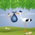 Funny stork with baby boy