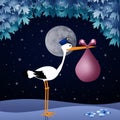 Funny stork with baby girl in the night