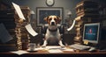 Funny stressed dog with paperwork chaos and error screen on computer Royalty Free Stock Photo