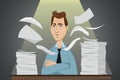 Funny stressed vector cartoon character - office worker sitting behind the table with a lot of paperwork