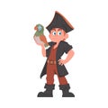 Funny and strict man pirate with a parrot. Cartoon style