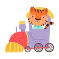 Funny Striped Tiger Riding on Train Vector Illustration