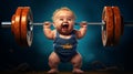 Funny strong baby lifting Funny strong baby lifting a comically oversized barbell, AI generated