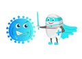 Funny strong pill guardian with sword and shield fight with bacteria microorganism virus. Pill, health, medical concept
