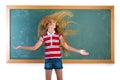 Funny student girl flipping long hair at school