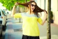 Funny stylish model girl in casual hipster cloth in the street Royalty Free Stock Photo