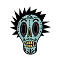 Funny sugar skull vector icon. Festive mask of a Mexican punk with mohawk and gold teeth. Sketch for the day of the dead Royalty Free Stock Photo