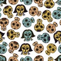 Funny sugar skulls seamless vector pattern. Festive mask of a beautiful Mexican men and women. Sketch for the day of the