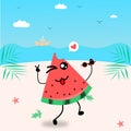 Funny summer banner with fruit character. Vector illustration of cartoon watermelon character tropical beach. Vintage fruit poster Royalty Free Stock Photo