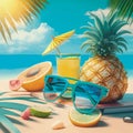 funny summer beach background with pineapple fruit character