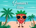 Funny summer beach background with strawberry fruit character. Cartoon style. Summer time postcard Royalty Free Stock Photo