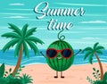 Funny summer beach background with watermelon fruit character. Cartoon style. Summer time postcard Royalty Free Stock Photo