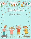 Funny summer children. Festive background with garlands and clouds