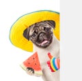 Funny summer dog in sunglasses and hat peeking, holding watermelon and showing thumbs. isolated on white background Royalty Free Stock Photo