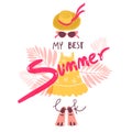 Funny summer look, dress with flippers, hat and sunglusses.