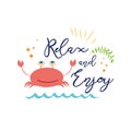 Cute summer vacation text Relax and Enjoy with hand drawn doodle summer icons crab