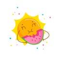 Funny Sun Enjoying Eating Watermelon. Cute Cartoon Character Summertime Activity, Kawaii Personage Relaxing