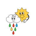 Funny sun hugging sad cloud, vector abstract cartoon illustration. Trendy retro cartoon stickers. ÃÂ¡omic characters with gloved Royalty Free Stock Photo