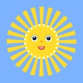 Funny Sun Icon Illustration Isolated On Blue Sky Background. Flat Style. Vector Happy Cartoon Illustration