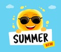 Funny sun with text Summer new. Yellow Cute sunshine cartoon character.