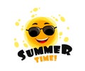 Funny sun with text Summer Time. Yellow Cute sunshine cartoon character.