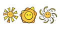 Funny suns with eyes and smiles. Yellow sun smiling faces in doodle style. Black and white vector illustration Royalty Free Stock Photo