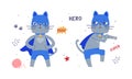 Funny super cat pet in blue mask and cape set cartoon vector illustration