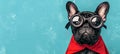 Funny super dog in costume flying with copy space, isolated on pastel background