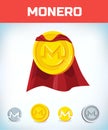 Funny super hero businessman flying monero. Miner bit coin digital currency cryptocurrency. Orange coin with monero
