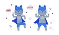 Funny super kitten pet animal character in blue mask and cape set cartoon vector illustration