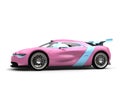 Funny super sports car in gentle pink with baby blue details - side view