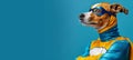 Funny superhero puppy in costume flying with copy space, isolated on pastel background