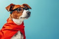 Funny superhero puppy in costume flying on pastel background with ample text space