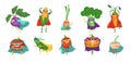 Funny superhero vegetable cartoon character set, flat vector isolated illustration. Royalty Free Stock Photo