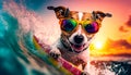 Funny surfer dog has fun riding Generative AI Royalty Free Stock Photo