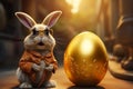 Funny surprised bunny rabbit with glasses next to a big golden egg