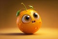 Funny surprised cartoon character orange covered with juice drops.