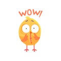 Funny surprised cartoon comic chicken with phrase Wow vector Illustration