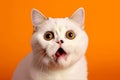 Funny surprised cat isolated on bright orange background. Studio portrait of a cat with amazed face. Royalty Free Stock Photo