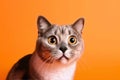 Funny surprised cat isolated on bright orange background. Studio portrait of a cat with amazed face. Royalty Free Stock Photo