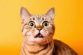 Funny surprised cat isolated on bright orange background. Studio portrait of a cat with amazed face. Royalty Free Stock Photo