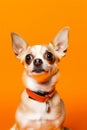 Funny surprised dog isolated on bright orange background. Studio portrait of a dog with amazed face. Royalty Free Stock Photo