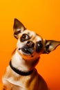 Funny surprised dog isolated on bright orange background. Studio portrait of a dog with amazed face. Royalty Free Stock Photo