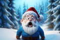 Funny surprised exited Santa Claus in red hat on snowy winter forest background