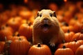 Funny surprised red guinea pig with open mouth among many pumpkins. Happy Halloween Royalty Free Stock Photo