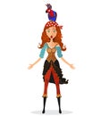 Funny surprised red-haired pirate girl holding a bomb with lit fuse with a parrot on his head isolated on white background Royalty Free Stock Photo
