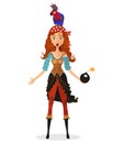 Funny surprised red-haired pirate girl holding a bomb with lit fuse with a parrot on his head isolated on white background - vecto