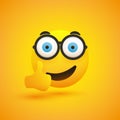 Funny Surprised, Satisfied Smiling Emoji with Glasses and Pop Out Wide Open Big Blue Eyes Showing Thumbs Up